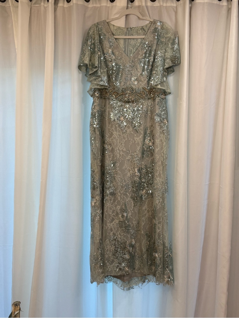 Mac Duggal Sage Green Sequin Embroidered Evening Gown